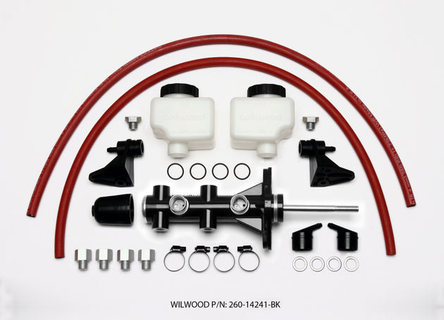 Wilwood tandem remote brake master cylinder with 7/8 inch bore in black, showing the compact and durable design for high-performance vehicles.