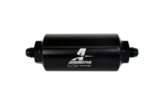 Aeromotive in-line fuel filter with AN-6 male fitting, 10 micron microglass element, bright dip black finish, for automotive fuel systems.