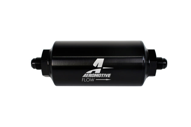 Aeromotive in-line fuel filter with AN-6 male fitting, 10 micron microglass element, bright dip black finish, for automotive fuel systems.