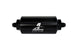 Aeromotive in-line fuel filter with AN-6 male fitting, 10 micron microglass element, bright dip black finish, for automotive fuel systems.