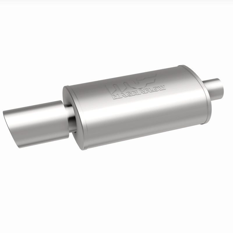 MagnaFlow muffler with tip, model RS 14X5X8, featuring 2.25/4-inch inlet and outlet, installed on a vehicle exhaust system.