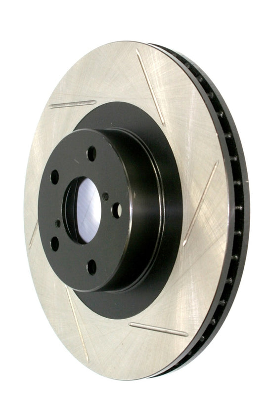 StopTech rear right sport slotted brake rotor showing slotted surface and mounting holes for enhanced braking performance.