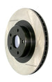 StopTech rear right sport slotted brake rotor showing slotted surface and mounting holes for enhanced braking performance.