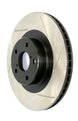 StopTech rear right sport slotted brake rotor showing slotted surface and mounting holes for enhanced braking performance.