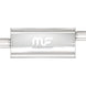 MagnaFlow Mag SS 5X8 14 muffler with 2.5/2.5 inch outlet pipes, showcasing a sleek stainless steel design.