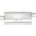 MagnaFlow Mag SS muffler with 18x5x8 inch dimensions and 2.5-inch outlet pipe, shown from a side view.