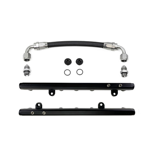 DeatschWerks Chevrolet LS2/LS3 fuel rails with crossover installed, durable metal construction for high-performance fuel delivery.