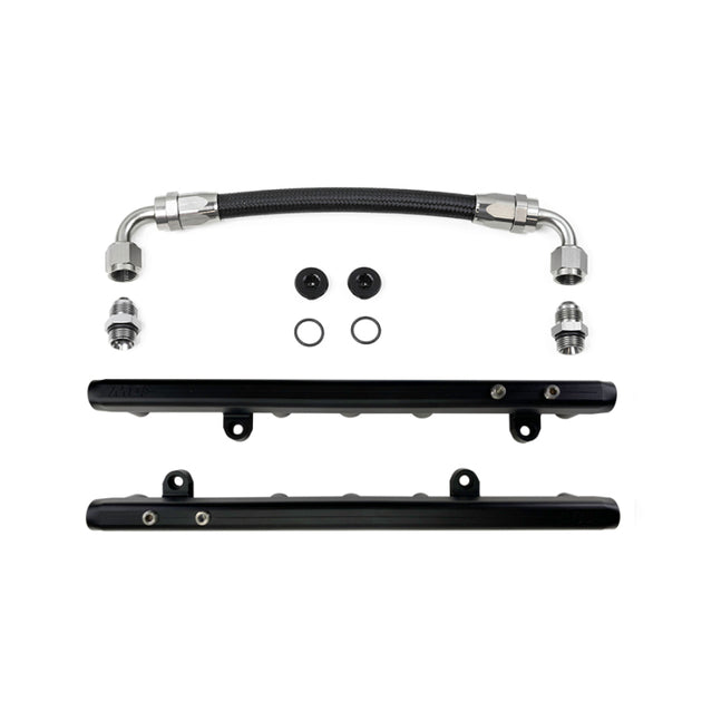 DeatschWerks Chevrolet LS2/LS3 fuel rails with crossover installed, durable metal construction for high-performance fuel delivery.