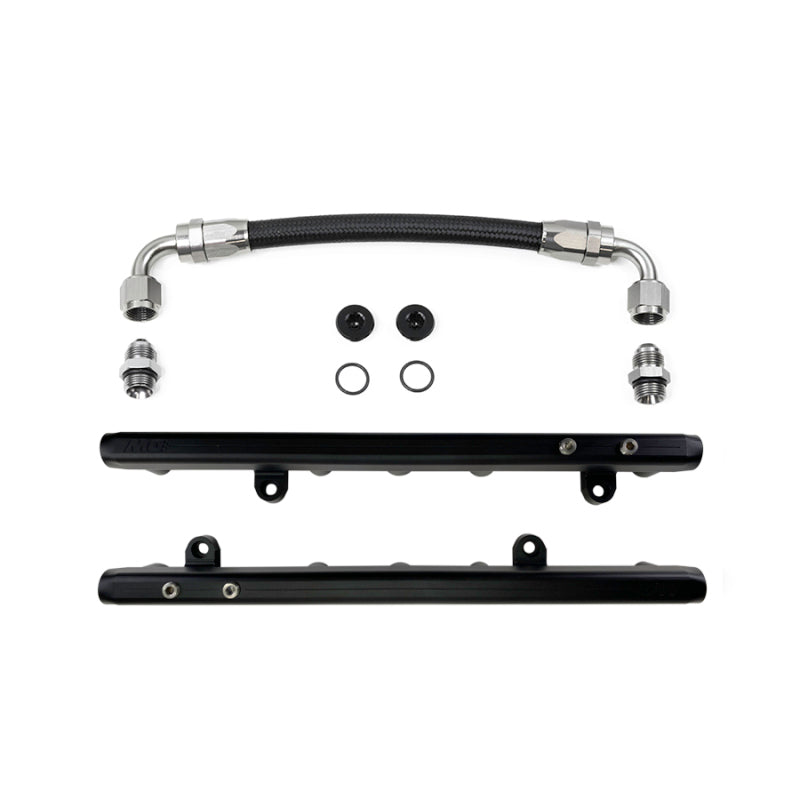 DeatschWerks Chevrolet LS2/LS3 fuel rails with crossover installed, durable metal construction for high-performance fuel delivery.