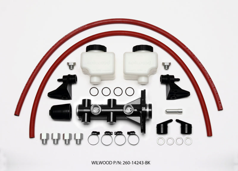 Wilwood tandem remote brake master cylinder with 1-inch bore in black finish, designed for high-performance vehicle braking systems.