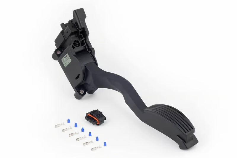 Haltech DBW pedal assembly for programmer accessories, showing the black pedal with mounting hardware and wiring connections.