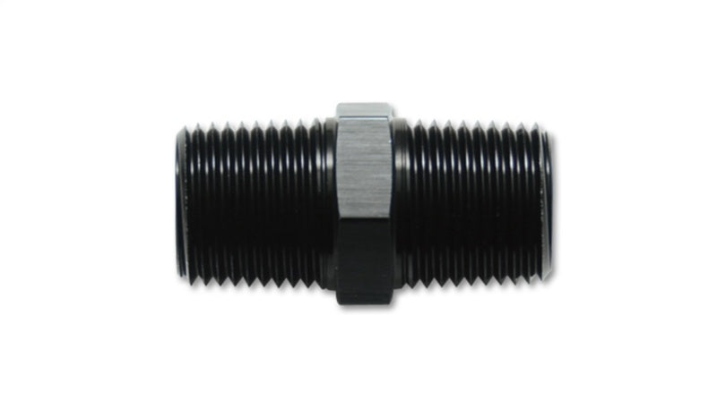 Vibrant aluminum 1/8 inch NPT straight union pipe fitting showing threaded ends and smooth body.