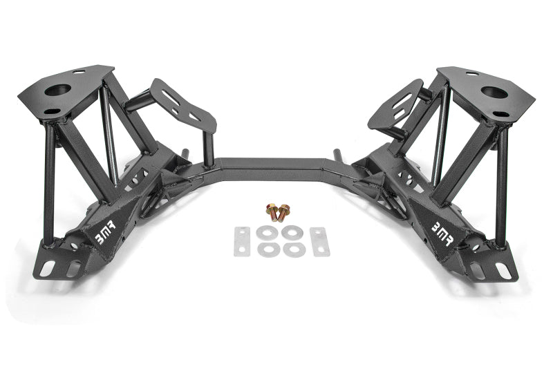 Black Hammertone BMR Suspension K-Member for 96-04 Ford Mustang crossmembers, shown in a close-up view.