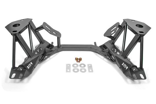 Black Hammertone BMR Suspension K-Member for 96-04 Ford Mustang crossmembers, shown in a close-up view.