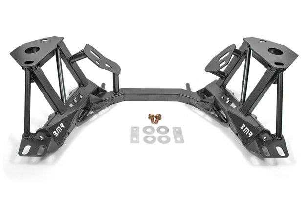 Black Hammertone BMR Suspension K-Member for 96-04 Ford Mustang crossmembers, shown in a close-up view.