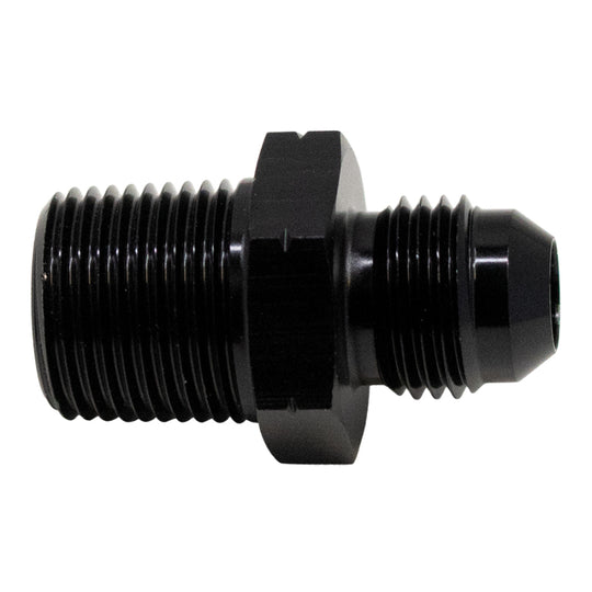 DeatschWerks matte black 6AN male flare to 3/8-inch male NPT fitting for fuel and fluid line connections.