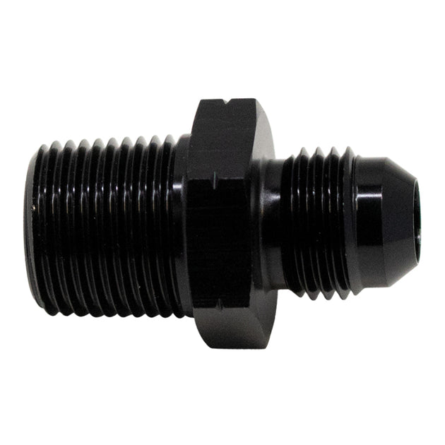 DeatschWerks matte black 6AN male flare to 3/8-inch male NPT fitting for fuel and fluid line connections.