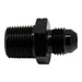 DeatschWerks matte black 6AN male flare to 3/8-inch male NPT fitting for fuel and fluid line connections.