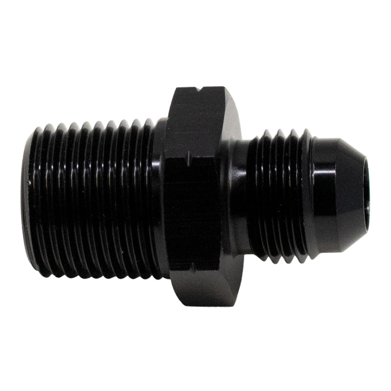 DeatschWerks matte black 6AN male flare to 3/8-inch male NPT fitting for fuel and fluid line connections.