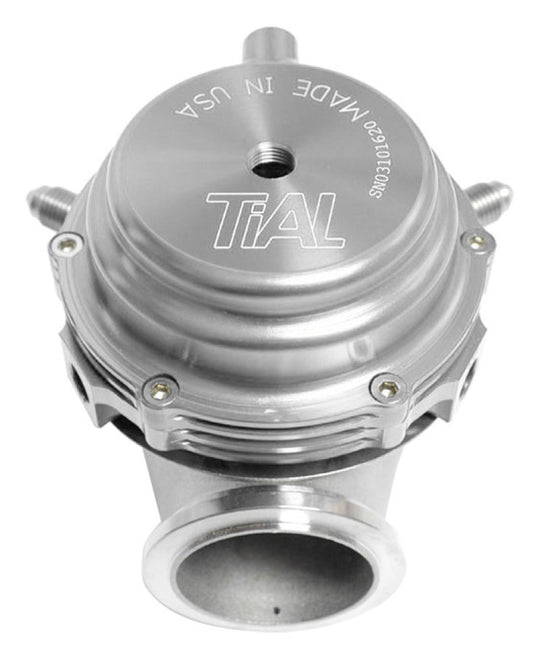 Silver TiAL Sport MVR 44mm wastegate with clamps, all springs included, for turbocharging applications.