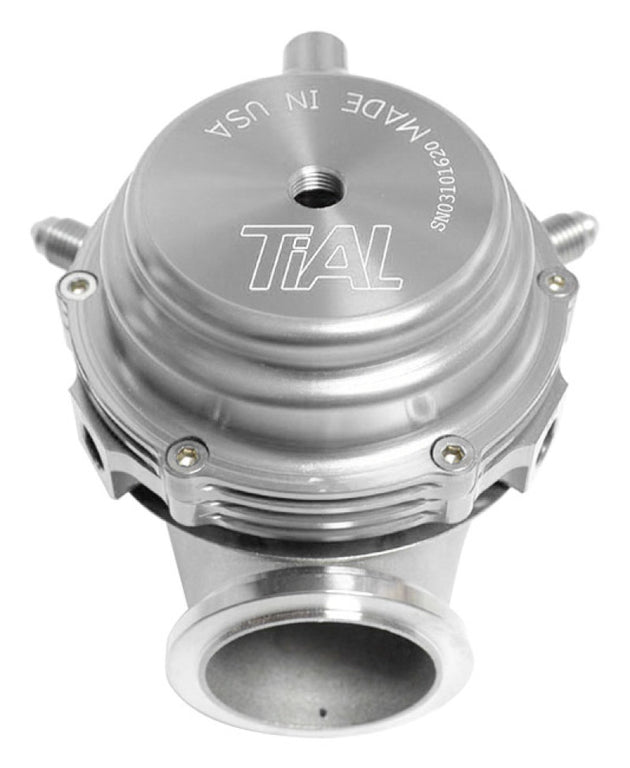 Silver TiAL Sport MVR 44mm wastegate with clamps, all springs included, for turbocharging applications.