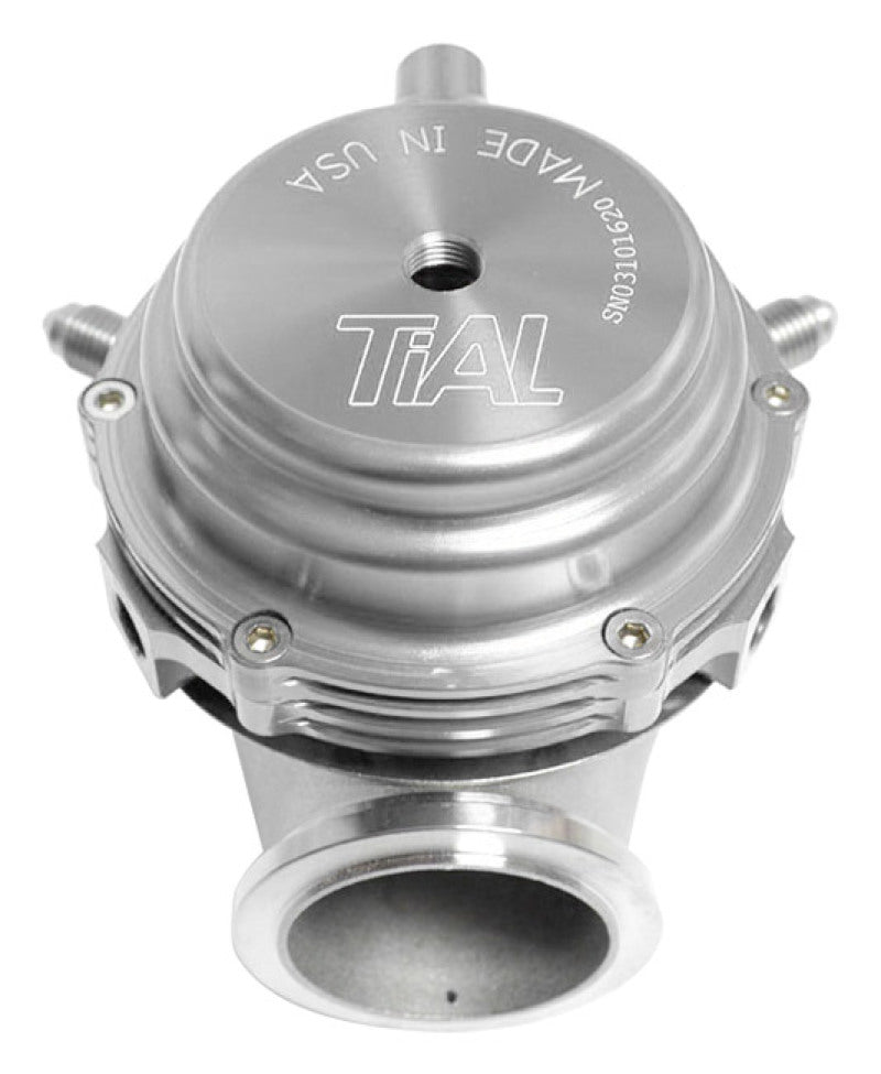 Silver TiAL Sport MVR 44mm wastegate with clamps, all springs included, for turbocharging applications.