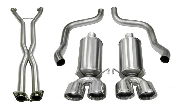 CORSA Performance Axle-Back Xtreme exhaust system with polished tips and dual outlets, installed on a vehicle.