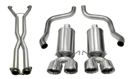 CORSA Performance Axle-Back Xtreme exhaust system with polished tips and dual outlets, installed on a vehicle.