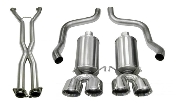 CORSA Performance Axle-Back Xtreme exhaust system with polished tips and dual outlets, installed on a vehicle.