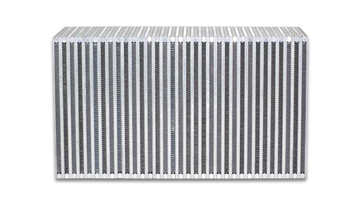 Vibrant vertical flow intercooler core with 18-inch width, 12-inch height, and 6-inch thickness, featuring a vibrant cooling design.