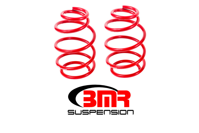 Red BMR Suspension 10-15 5th Gen Camaro V8 front lowering springs, showcasing the coil springs for improved stance and handling.