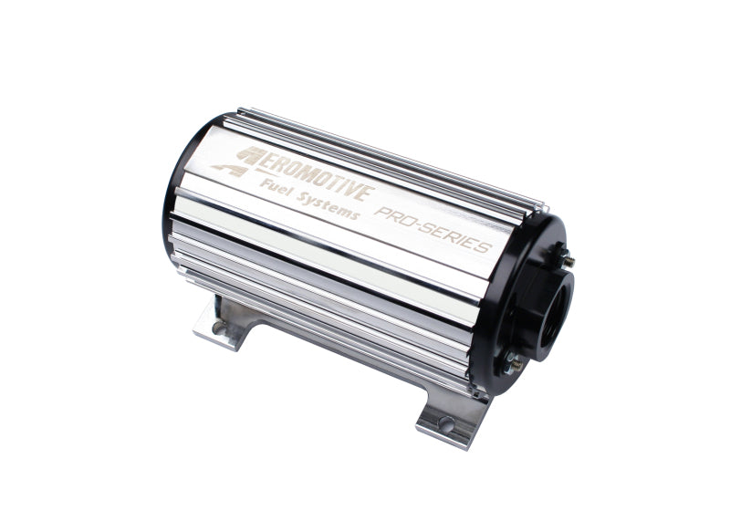 Aeromotive Pro-Series fuel pump for EFI or carbureted applications, shown in a close-up view with metal housing and connection ports.