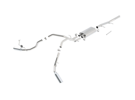 Borla catback exhaust system for Chevrolet Silverado 1500 and Sierra 1500, showing polished stainless steel pipes and muffler.