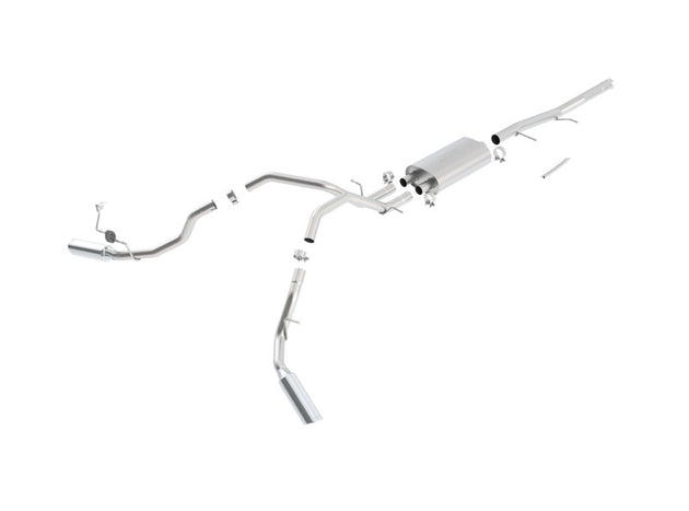 Borla catback exhaust system for Chevrolet Silverado 1500 and Sierra 1500, showing polished stainless steel pipes and muffler.