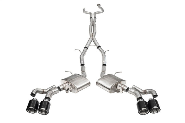 CORSA Performance Cadillac CT5 V Blackwing 2022-25 cat-back exhaust with twin 4.5-inch carbon fiber tips and dual X-pipe design.