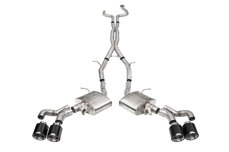 CORSA Performance Cadillac CT5 V Blackwing 2022-25 cat-back exhaust with twin 4.5-inch carbon fiber tips and dual X-pipe design.