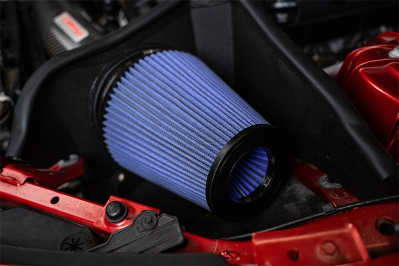 Corsa Chevrolet Camaro SS 6.2L V8 carbon fiber open element cold air intake with oiled filter, enhancing engine airflow and performance.