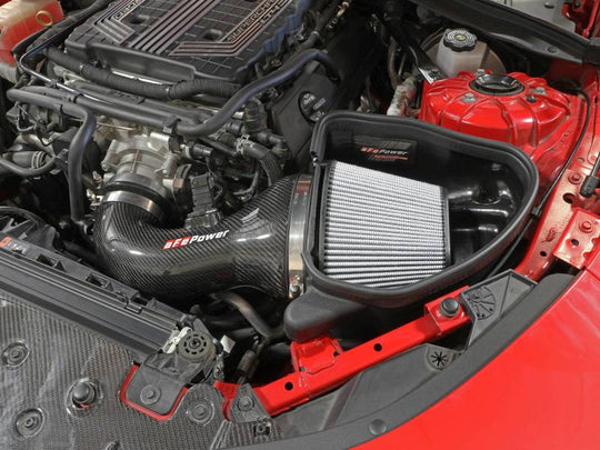 aFe Chevrolet Camaro ZL1 6.2L V8 Track Series Carbon Fiber Cold Air Intake with Pro-DRY S filters, showcasing the sleek intake system.