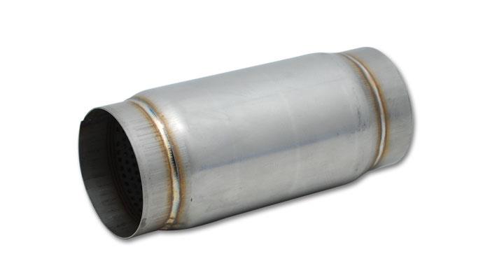 Vibrant SS Race Muffler with 4-inch inlet and outlet, 5-inch length, stainless steel construction for high-performance exhaust systems.