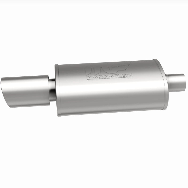 MagnaFlow muffler with tip, model RS 14X5X8, featuring 2.25/4 inch inlet and outlet, designed for vehicle exhaust systems.