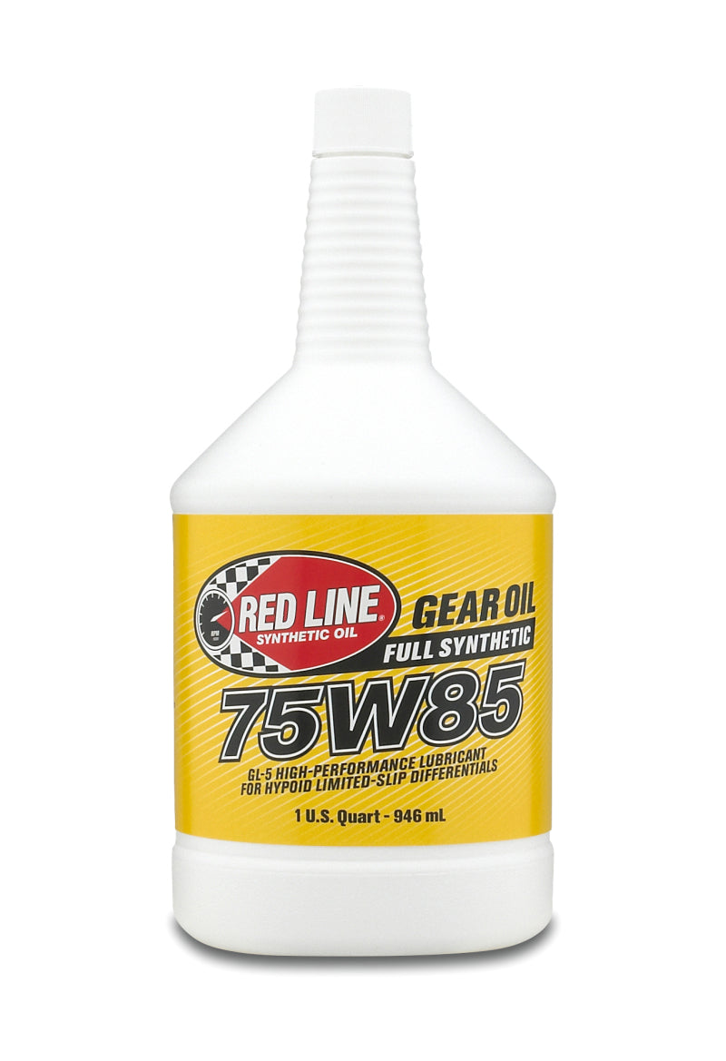 Red Line 75W85 GL-5 gear oil in quart bottle, showing the label and container for automotive transmission and gear lubrication.