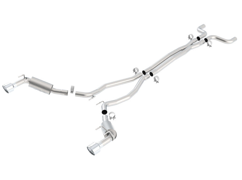 Borla catback exhaust system for 2010-2013 Chevy Camaro SS 6.2L V8, featuring polished stainless steel pipes and dual exhaust tips.