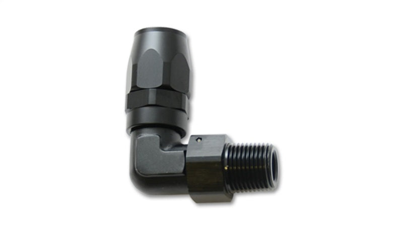 Vibrant male NPT 90 degree hose end fitting -6AN with 3/8 inch NPT threading, used for high-performance automotive fluid connections.