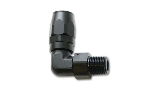 Vibrant Male NPT 90 Degree Hose End Fitting -10AN with 1/2 NPT thread, made of durable metal, designed for high-performance fluid connections.