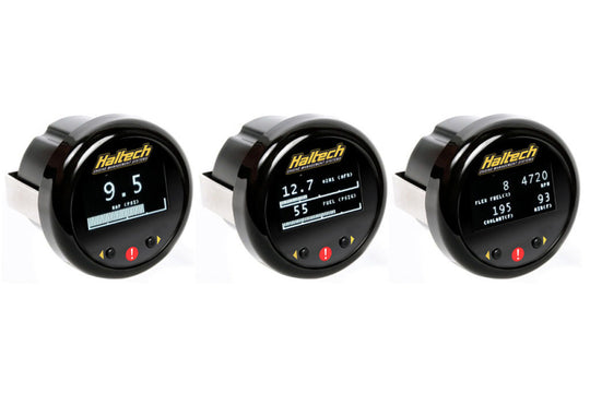 Haltech OLED 2-inch/52mm CAN gauge displaying real-time vehicle data on a clear digital screen.