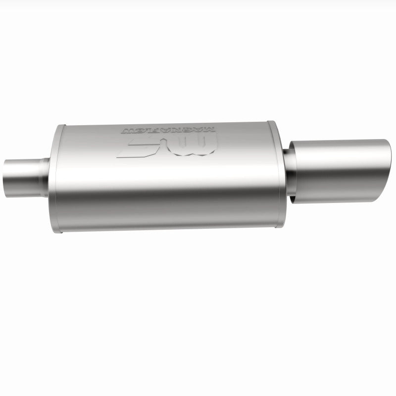 MagnaFlow stainless steel muffler with tip, 14x5x8 inches, 2.25/4 inch inlet and outlet, automotive exhaust part.