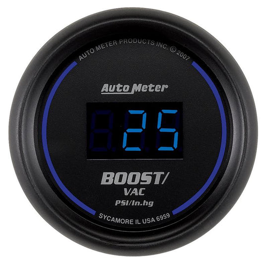 AutoMeter Cobalt Digital 52.4mm black vacuum and boost gauge showing digital display and gauge face.