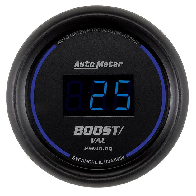 AutoMeter Cobalt Digital 52.4mm black vacuum and boost gauge showing digital display and gauge face.