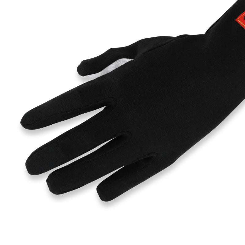 Black RaceQuip Basic Race Glove in medium size, showing the racing glove with textured grip and snug fit for racing drivers.