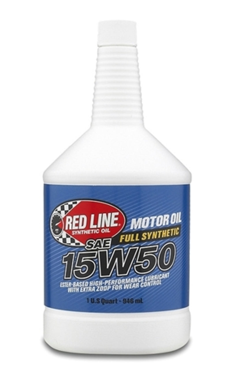 Red Line 15W50 motor oil quart container, black bottle with red label, designed for automotive engine lubrication.